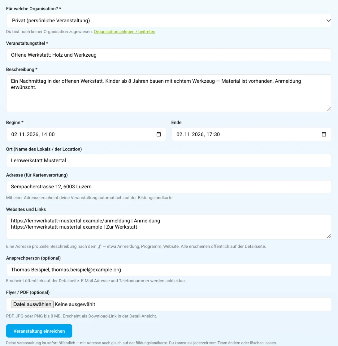 Das Formular zum Einreichen einer Veranstaltung