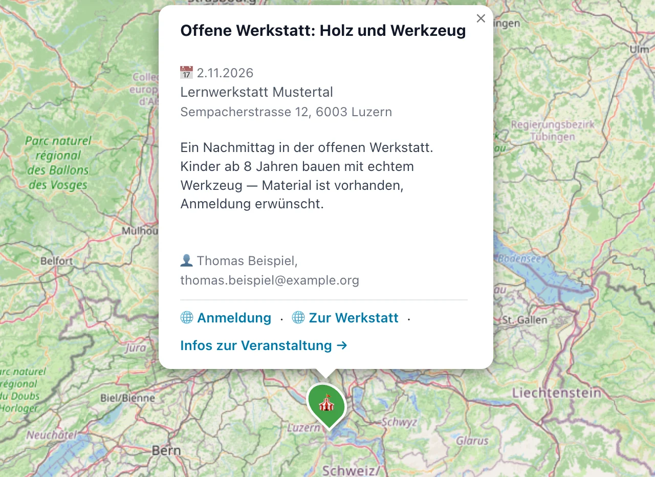 Die neue Veranstaltung als Punkt auf der Bildungslandkarte mit geöffnetem Popup