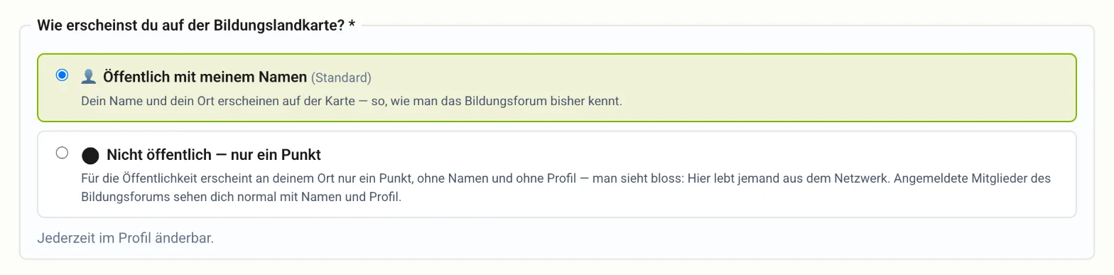 Die beiden Auswahlfelder für die Sichtbarkeit auf der Bildungslandkarte