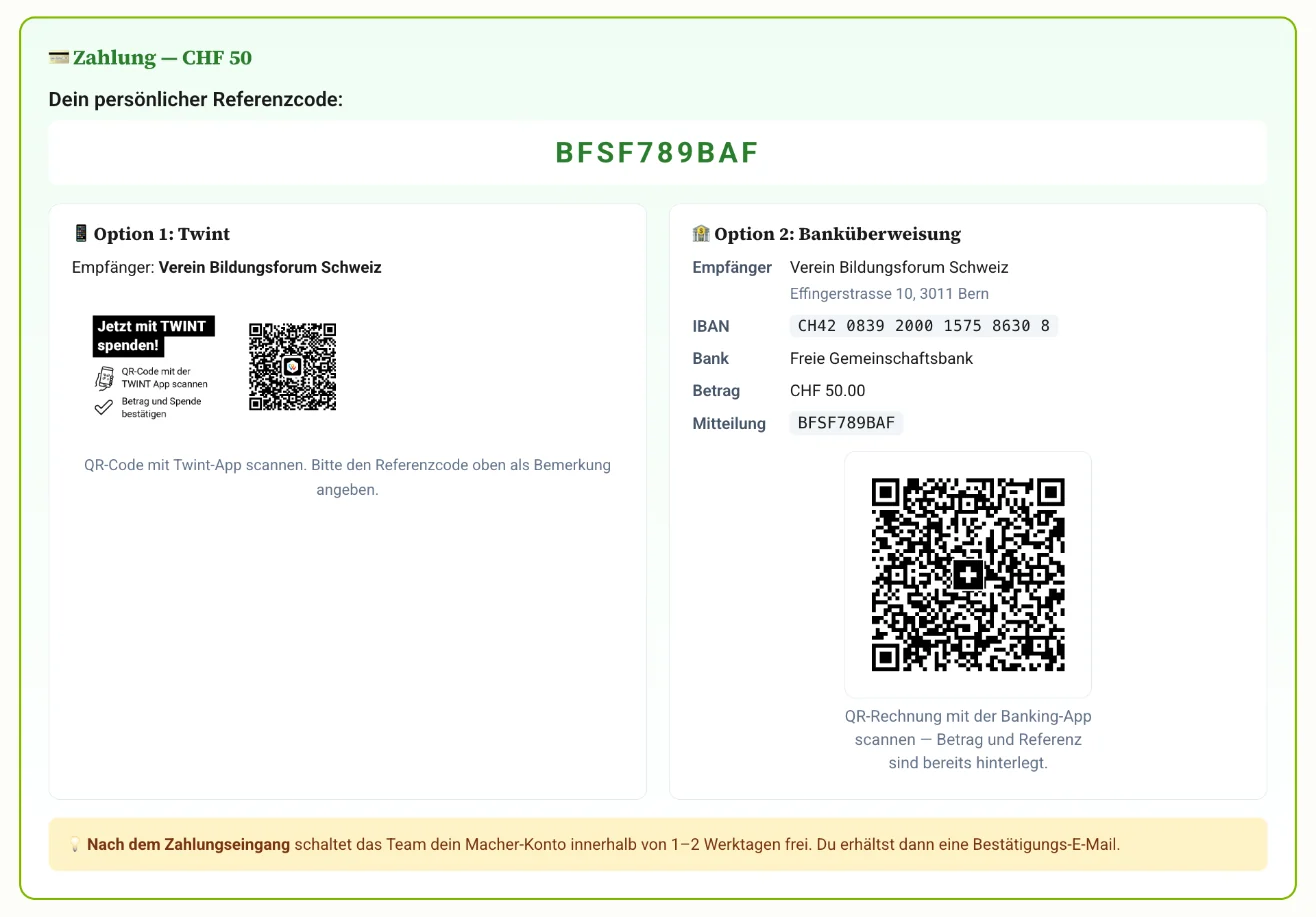Die Zahlungsangaben mit Referenzcode, Twint-QR-Code und Bankverbindung