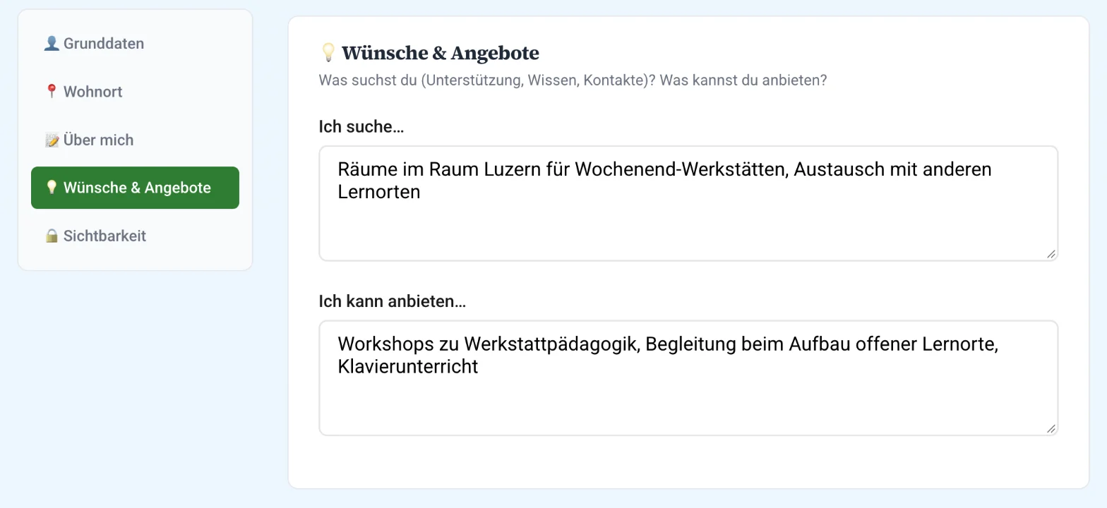 Der Profil-Editor mit den Abschnitten für Angaben, Sichtbarkeit und Benachrichtigungen