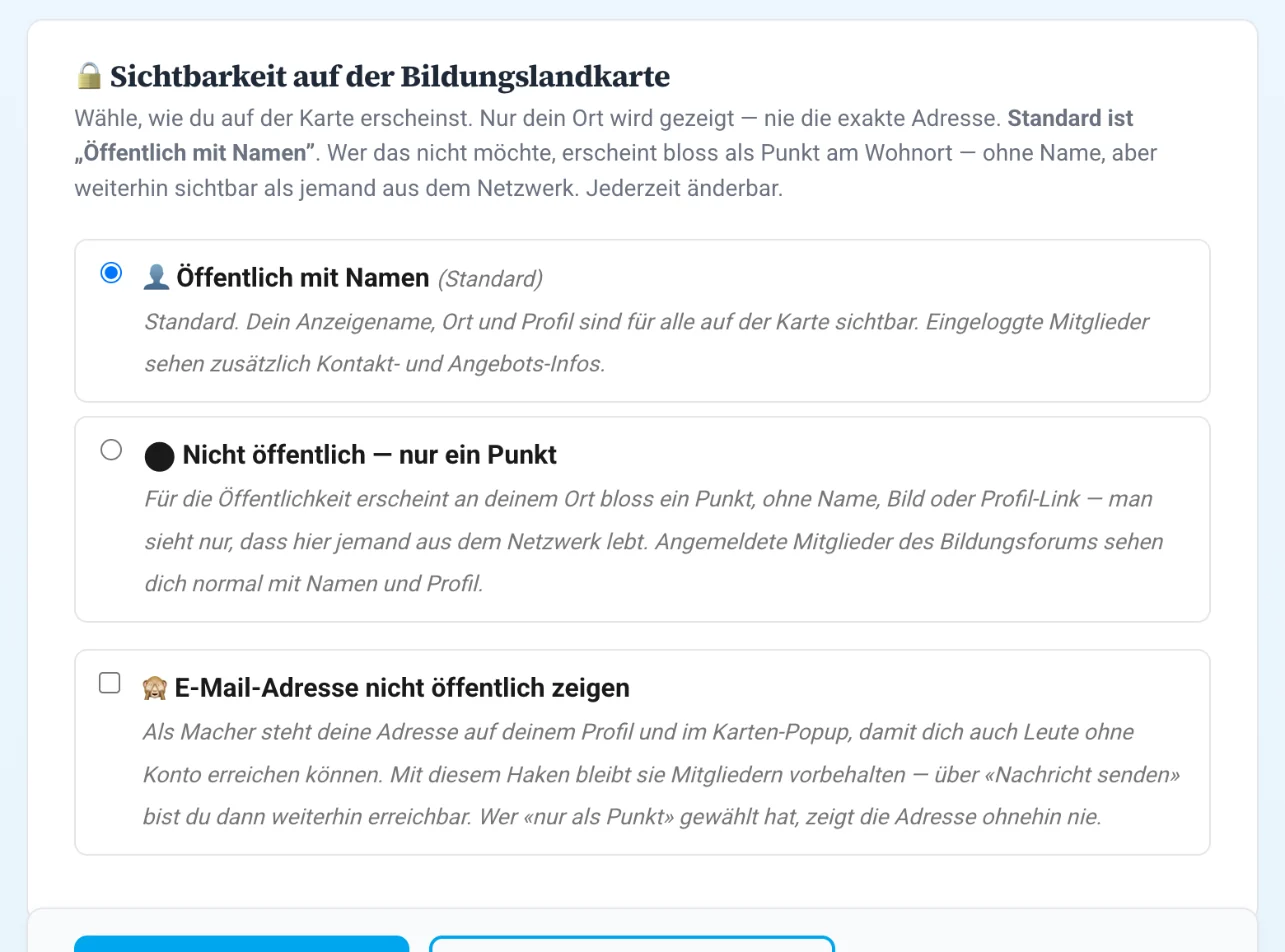 Der Abschnitt Sichtbarkeit im Profil mit den beiden Karten-Optionen und dem Haken «E-Mail-Adresse nicht öffentlich zeigen»